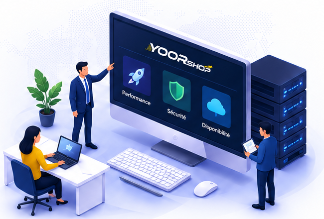 Équipe YOORshop présentant la performance, la sécurité et la disponibilité de son infrastructure d’hébergement web